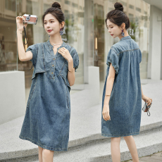 批发宽松V领短袖<b class='q'>牛仔</b><b class='q'>连衣裙</b>女夏小个子时尚设计感手袖抽绳设中长款裙