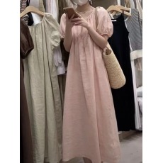 批发韩国<b class='q'>东大门</b>2026夏季纯色泡泡袖<b class='q'>连衣裙</b>宽松显瘦休闲中长款系带裙女