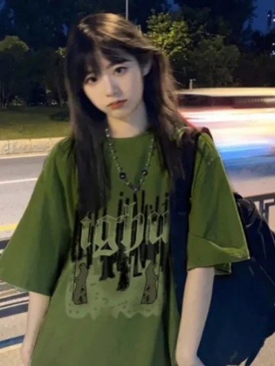 녹색 순면 반팔 티셔츠 여성 2026 새로운 폭발 여름 조수 브랜드 루즈핏 반소매 디자인 센스 작은 대중 맨위