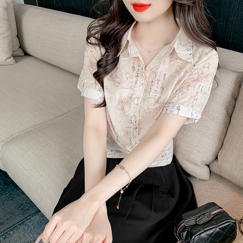 PF7408#时尚洋气新中式国风印花短袖衬衫女设计感小众短款上衣潮