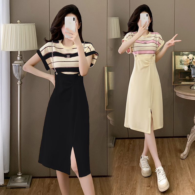 LN25429# 夏季新款时尚气质遮肉显瘦高级拼接假两件连衣裙  服裝批發女裝批發服飾貨源