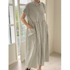 批发韩国chic 夏季宽松口袋条纹<b class='q'>连衣裙</b>