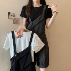 批发实拍胖妹妹大码女<b class='q'>装</b>新款法式风情西<b class='q'>装</b>不规则吊带阔腿<b class='q'>裤</b>+<b class='q'>T</b>恤套<b class='q'>装</b>