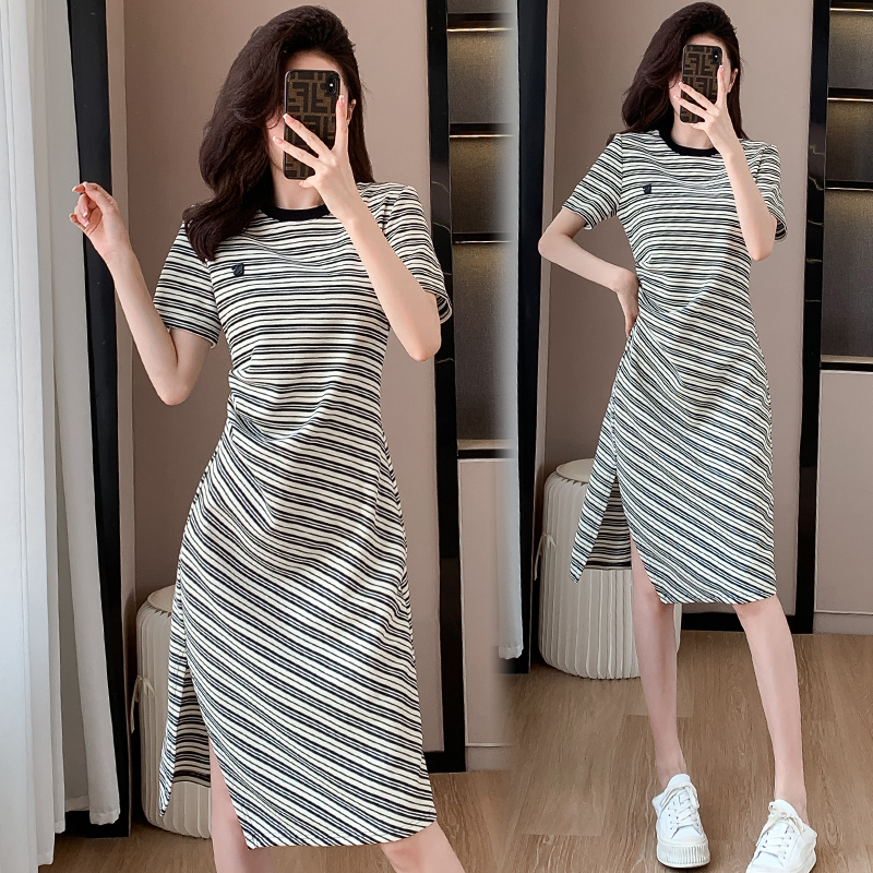 MY3581# 条纹休闲开叉连衣裙女夏季高级感气质名媛高端长款T恤裙女裝貨源服裝批發