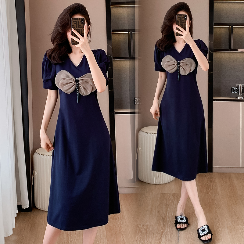 MY3582# V领休闲运动连衣裙夏季法式高级感修身显瘦蜻蜓短袖T恤长裙女裝貨源服裝批發