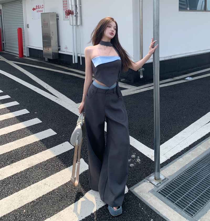 MY395# 辣妹御姐套装女设计感撞色翻边抹胸阔腿西裤两件套女裝貨源服裝批發