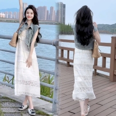 批发现 2026新款大码女装夏装 直角肩<b class='q'>牛仔</b>马甲蕾丝吊带裙套装