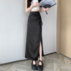 新中式国风复古抽绳设计感2024夏装新款显瘦中长款缎面飘逸长裙