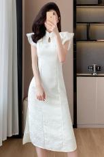 2024夏季新款新中式白色连衣裙小飞袖提花收腰高级感提花长裙女