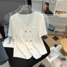 批发实拍小香风针织衫V领冰丝短袖女夏季洋气别致小衫<b class='q'>不规则</b>上衣