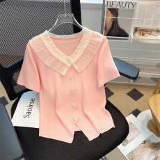批发实拍高级感掐腰娃娃领上衣女夏季新款设计感小众冰丝薄款针织短袖
