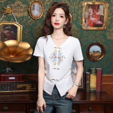 实拍新中式v领短袖t恤女2026年夏季新款胖mm国风小衫显瘦遮肉上衣