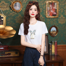 批发实拍白色复古刺绣蝴蝶结短袖t恤女夏装宽松休闲新中式纯棉上衣