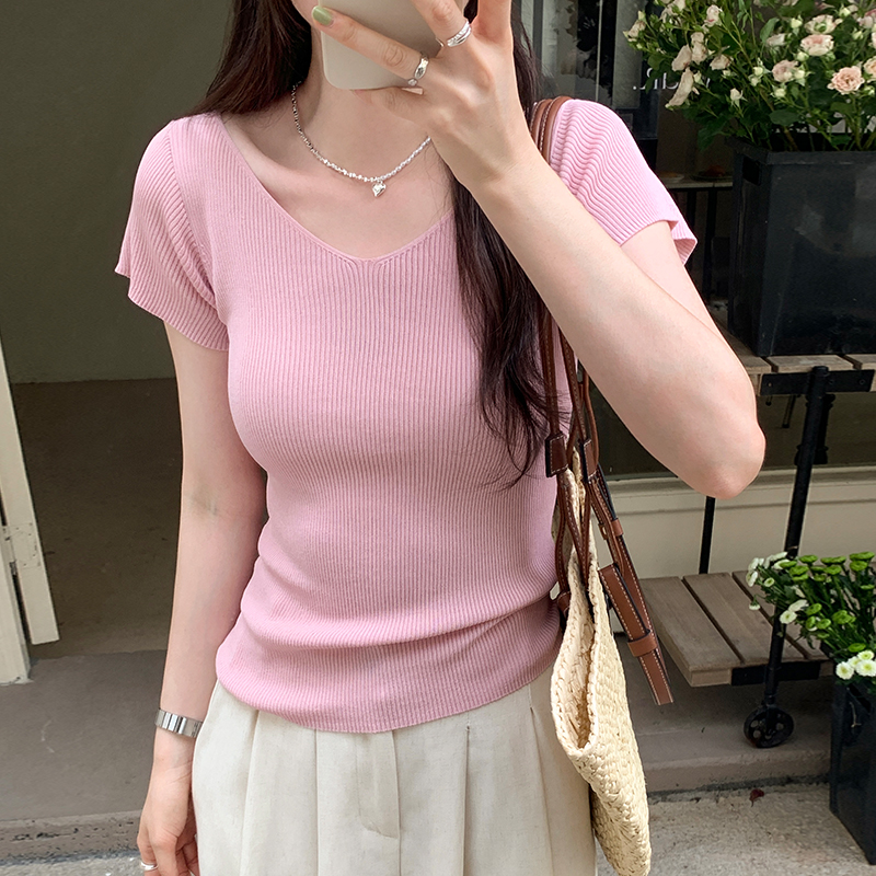 PF7405#图粉色V领冰丝针织短袖针织t恤衫女夏新款设计感小众显瘦上衣