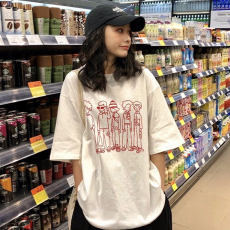 批发100%纯棉原版外贸夏装慵懒宽松字母卡通印花短袖<b class='q'>T</b><b class='q'>恤</b>韩系<b class='q'>原宿</b><b class='q'>上衣</b>