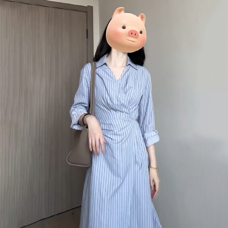 PF19066#蓝色条纹衬衫长袖连衣裙子女夏季2024新款法式气质高级感收腰长裙女裝貨源服裝批發