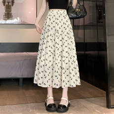 批发实拍 2024夏季新款高腰显瘦褶皱荷叶边碎花中长款a字半身伞裙