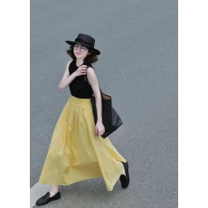批发轻熟风法式时尚洋气夏天穿搭一整套黑色<b class='q'>上衣</b>黄色大摆裙两件套装女