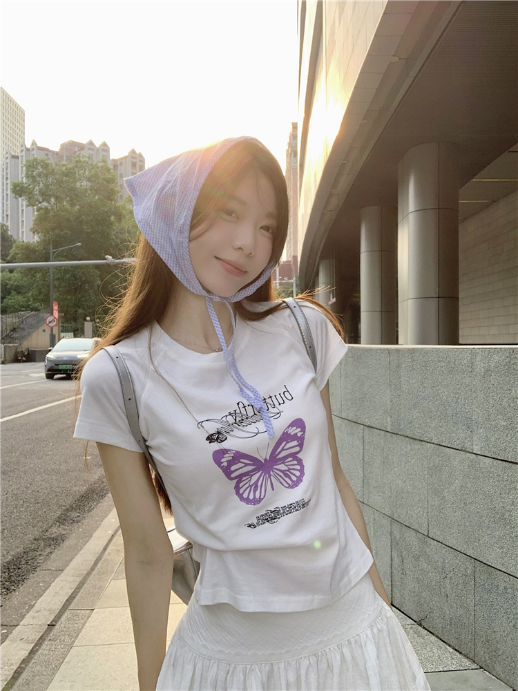 LN25666# 夏季韩版插肩袖T恤新款蝴蝶结印花修身短款上衣女 服裝批發女裝批發服飾貨源