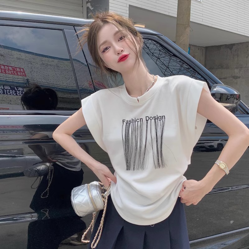 MY632#棉珠地 短袖T恤女刺绣流苏飞飞袖上衣宽松小众女裝貨源服裝批發