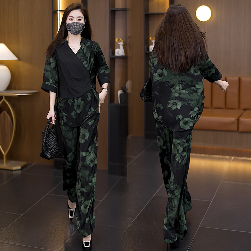 MY12343# 大码女装夏新款时尚洋气两件套宽松遮肉显瘦休闲胖MM套装女...