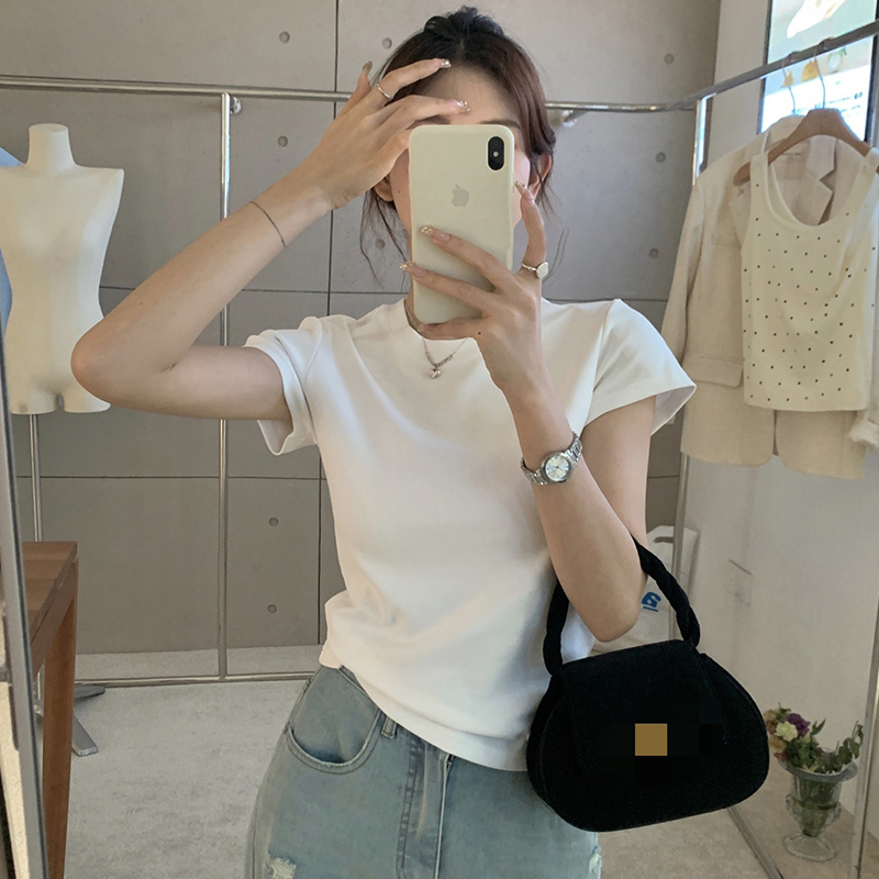 몸매 가꾸기 라운드 넥 반팔 티셔츠 여성 여름 긍정적 인 어깨 반소매 한국 스타일 미니멀리즘 기초 섹션 동정 2026 긍정적 인 어깨 의류