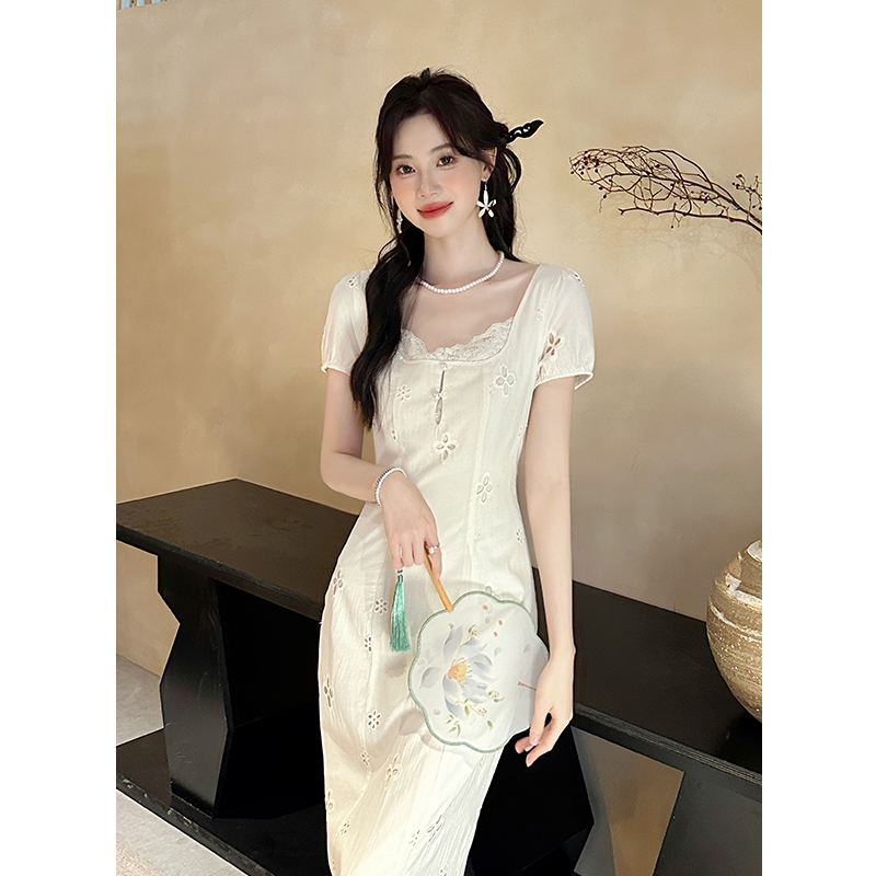 LN30033# 夏季新款法式优雅方领纯色裙子重工刺绣短袖连衣裙