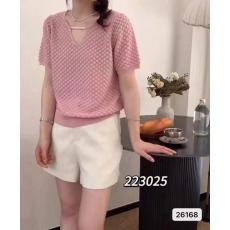 批发韩版V领设计镂空珍珠短袖针织衫女2024夏季新款宽松显瘦气质上衣