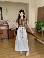 韩国chic短袖格子衬衫高腰百搭抽绳多口袋后开叉工装直筒半身裙女