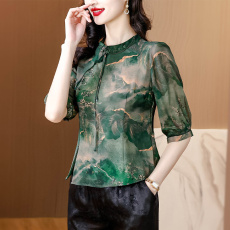 批发2026中式立领真丝t恤夏季桑蚕丝真丝<b class='q'>妈妈装</b>上衣香云纱年轻款日常