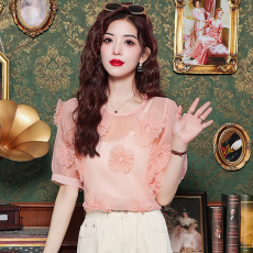 批发立体花朵<b class='q'>雪纺衫</b>超薄款透视<b class='q'>清凉</b>修身圆领短袖夏季新款