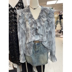 批发韩国东大门春季温柔风甜美薄款防晒衬衣花边拼接喇叭袖晕染衬衫