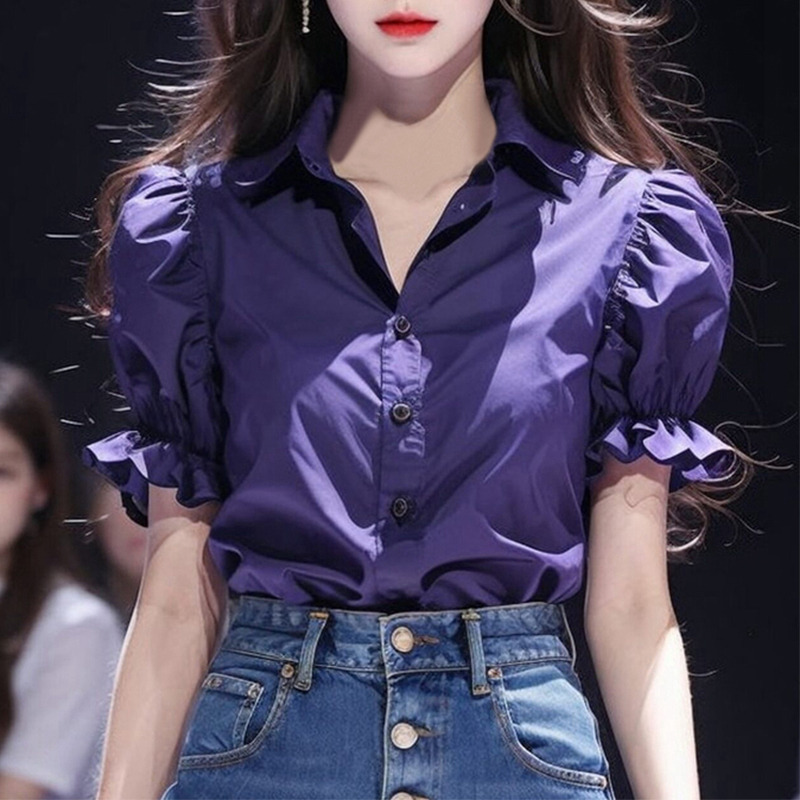 PF8001#紫色短袖衬衫女2024夏季新款韩系穿搭今年流行的漂亮小衫独特上衣女裝貨源服裝批發