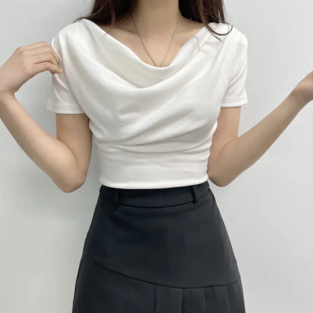 LN32281# 韩国chic设计感荡领修身显瘦弹力短袖T恤辣妹短款上衣 服裝批發女裝批發服飾貨源