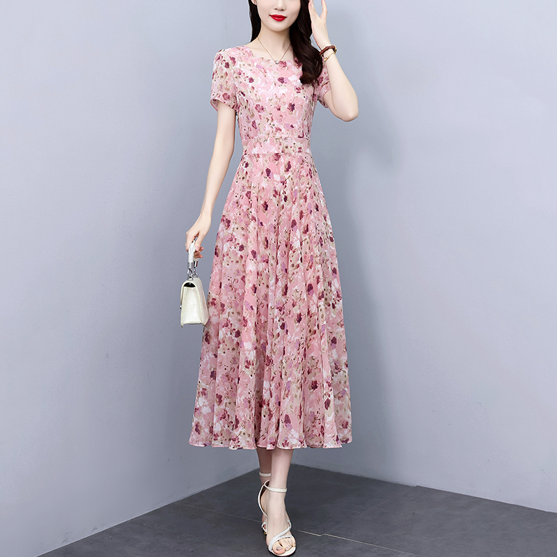 BY151#法式印花雪纺连衣裙夏季2024新款大码藕粉色清新高级感中长裙