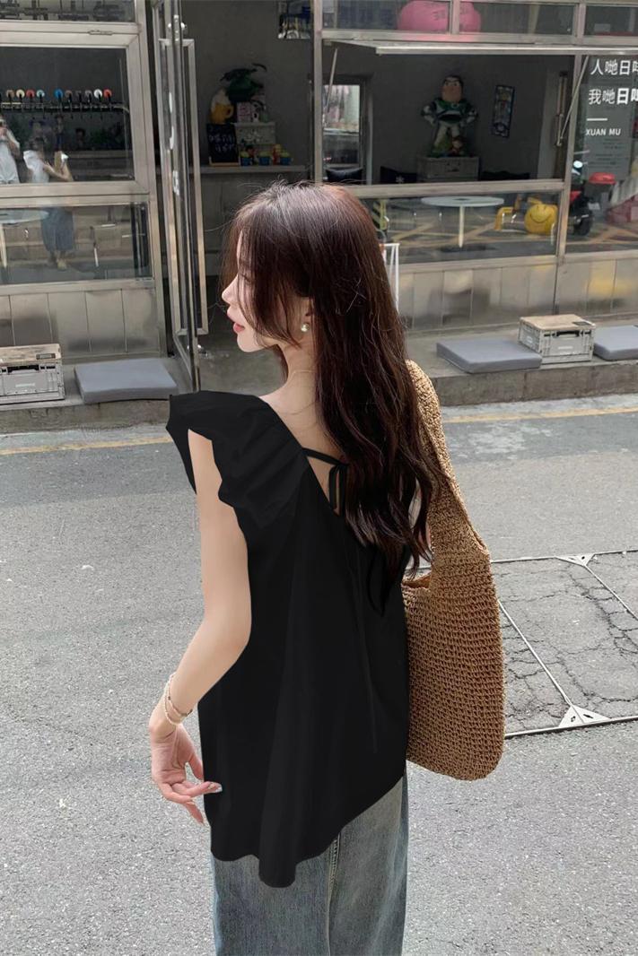 2024 summer mid-length v-neck Korean style loose age-reducing back strap small flying sleeve top shirt real shot