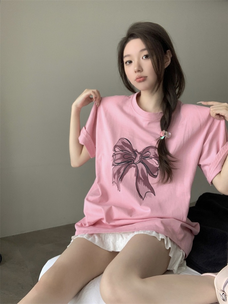 PF13078#韩版夏季洋气ins风甜美减龄蝴蝶结印花圆领大版短袖T恤