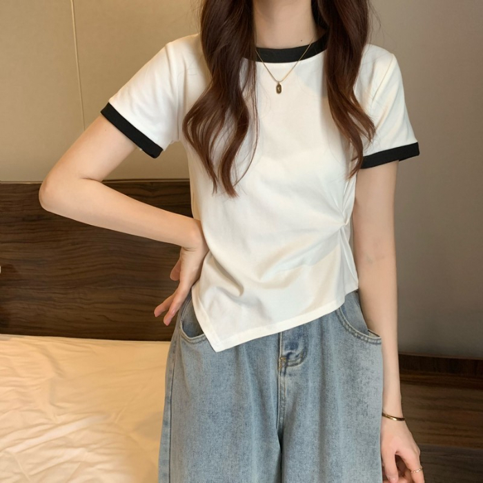 RY3805# 短袖女夏季设计感撞色t恤不规则短款上衣外贸韩单跨境外单爆款
