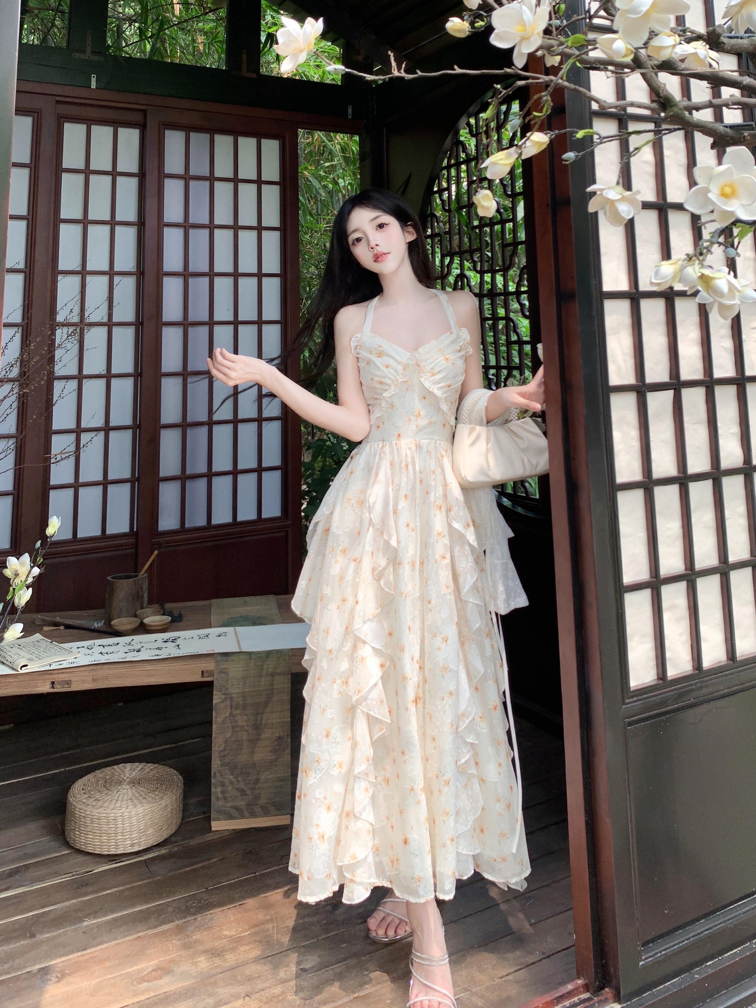 실사 빅 사이즈 순수한 욕망 부드러운 바람 허리 수축 슬림해 보이는 행침 목 꽃무늬 여성 드레스 여름 자외선 차단 오픈 가디건 투피스 슈트
