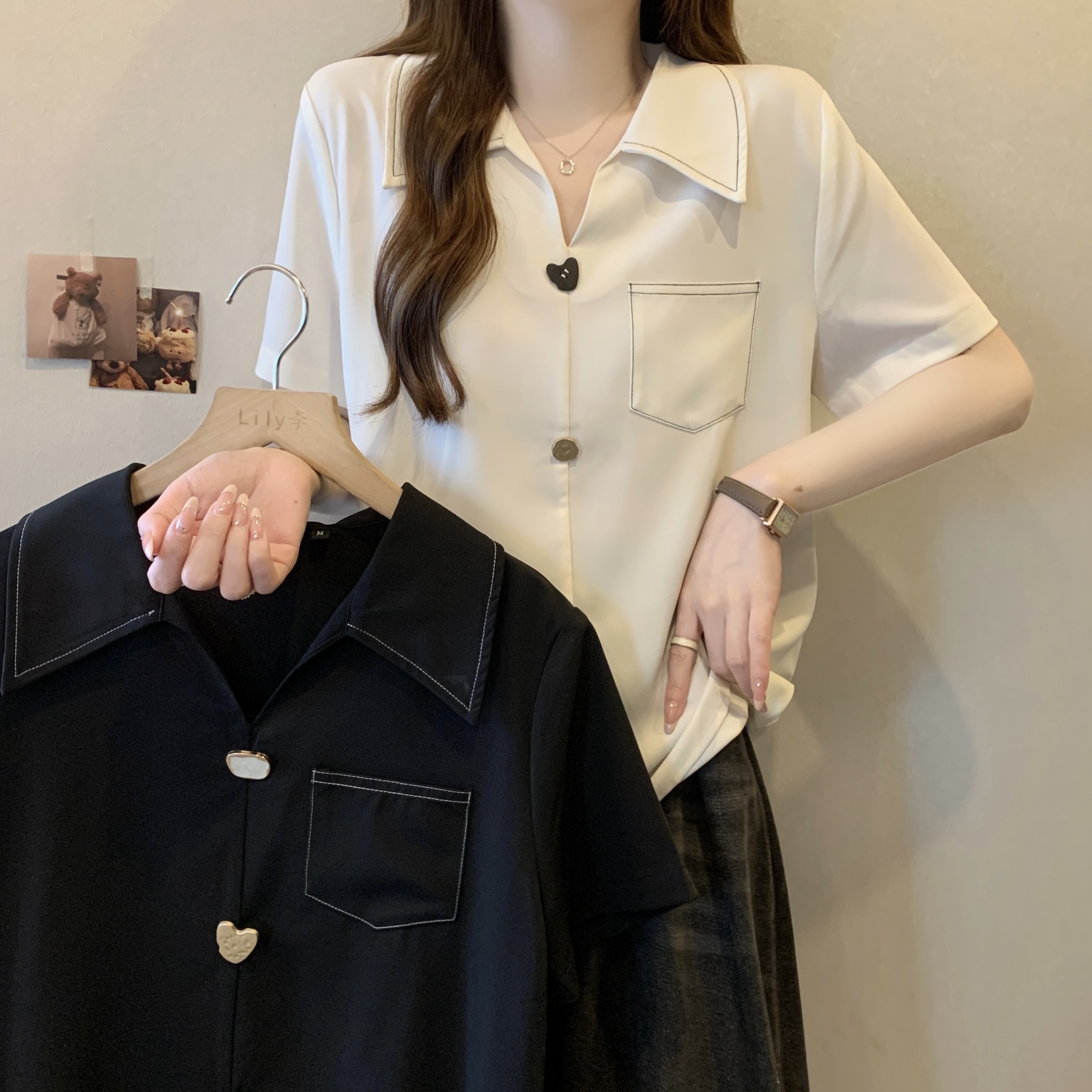 실사 빅 사이즈 지방 mm Chic 표지 배 맨위 여름 새로운 디자인 센스 연령 감소 V넥 슬림해 보이는 셔츠