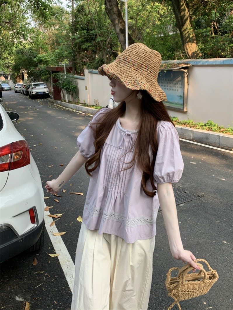 실사 재고 있음 보라색 한 부서 거품 소매 디자인 센스 작은 키 루즈핏 셔츠 여름 작은 대중 반팔 셔츠