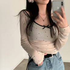 批发<b class='q'>韩国</b>chic纯欲一字领别致微透薄网纱波点上衣性感修身长袖防晒T恤