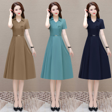 批发实拍有货 2026夏季新款大码短袖连衣裙超修身纯色中长裙半开领