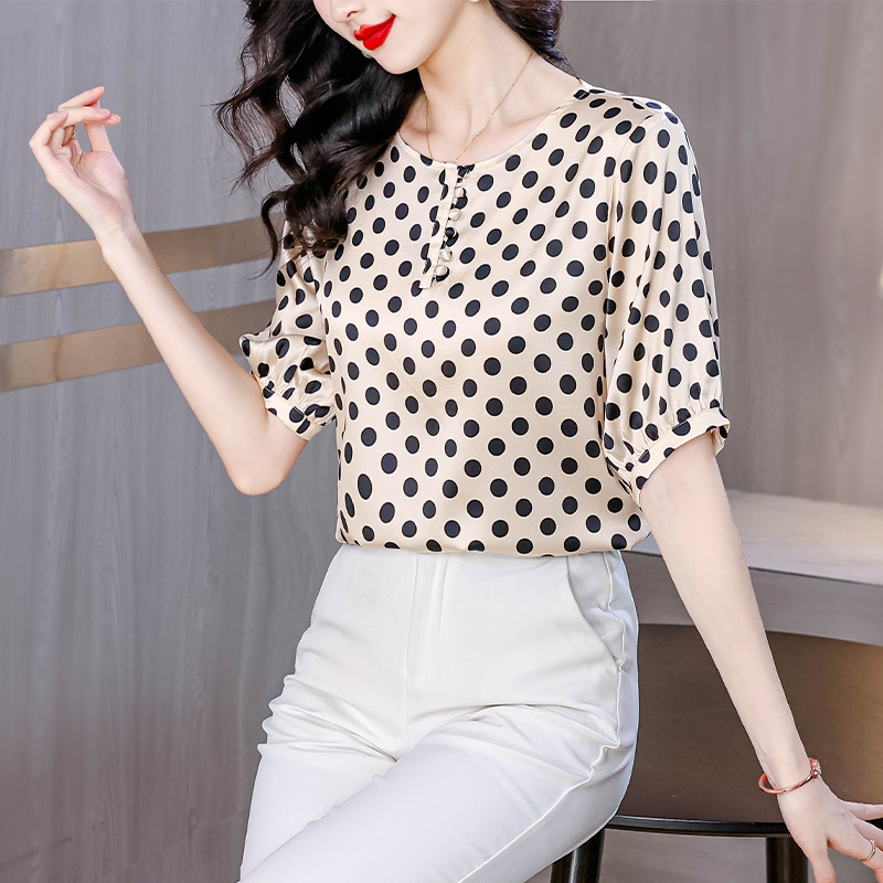 RY4666# 精品真丝短袖印花t恤女上衣夏季新款波点显瘦时尚圆领桑蚕丝小...