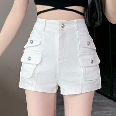 批发实拍美式工装<b class='q'>牛仔</b>短裤<b class='q'>女</b>夏季新款高腰显瘦弹力阔腿时尚设计感热裤