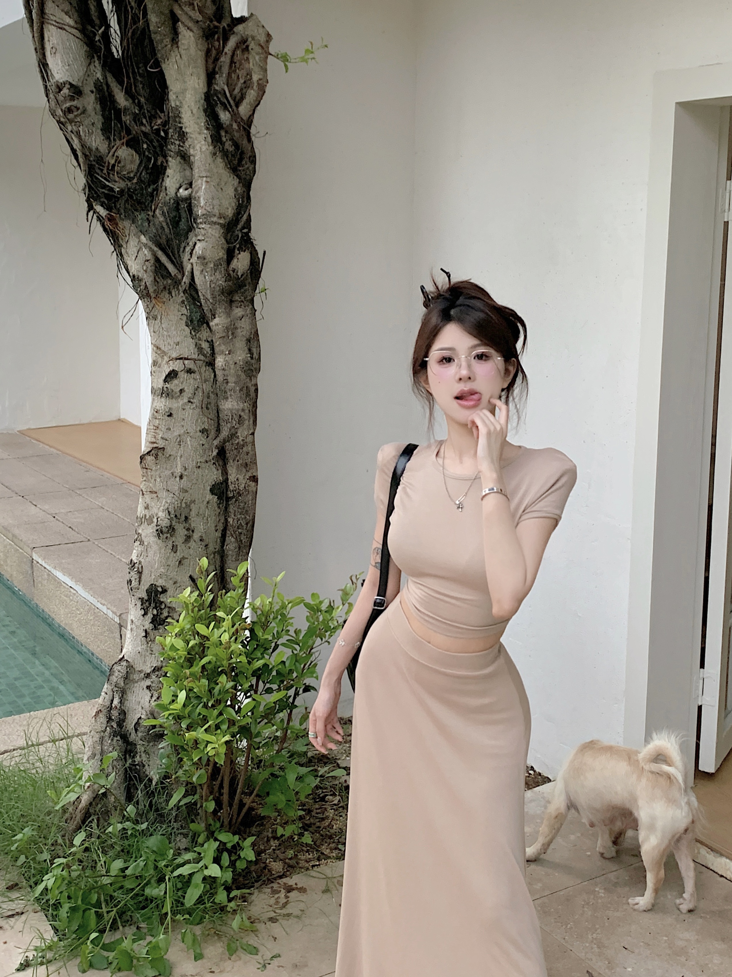 Modal soft T-shirt high waist draped long skirt private wear lazy suit skirt for women