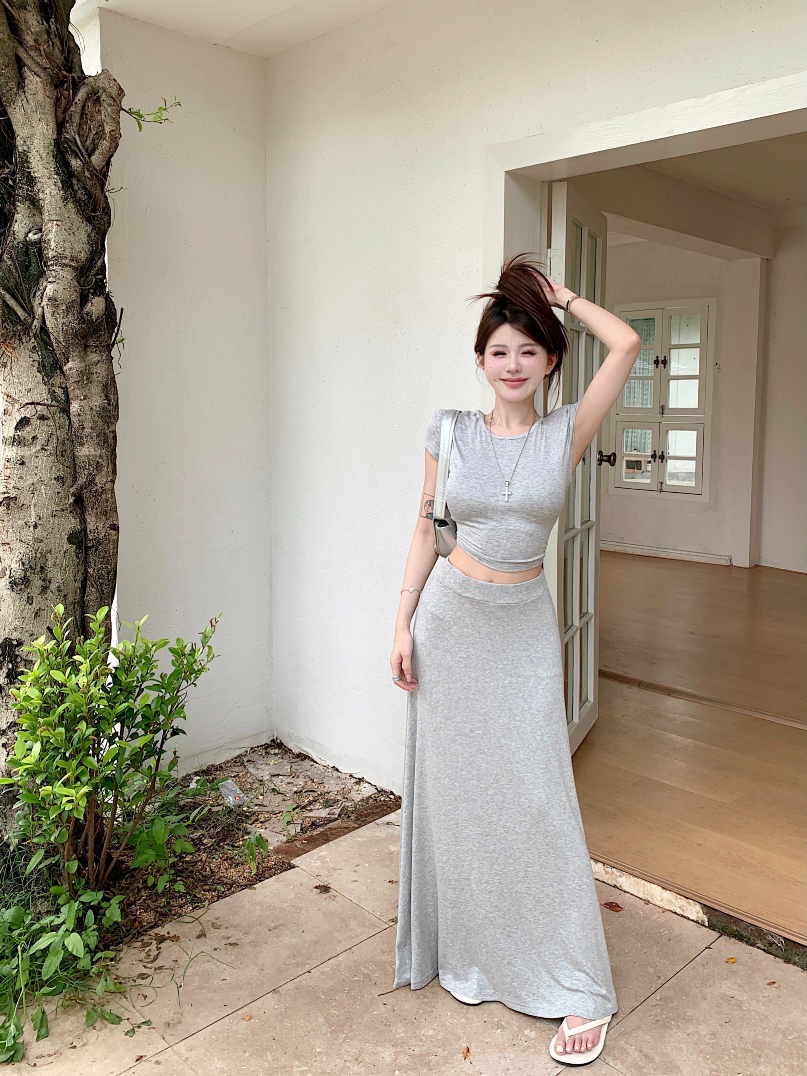 Modal soft T-shirt high waist draped long skirt private wear lazy suit skirt for women