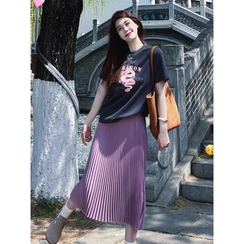 LN29793#  夏季新款梨型身材穿搭盐系轻熟T恤紫色半身裙两件套装女