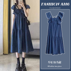 新品#孕妇连衣裙夏装2025新款高级感小飞袖多巴胺蓝格子方领A字裙