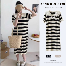 批发新品#孕妇夏装连衣裙2026新款时尚夏季条纹翻领短袖冰丝裙小个子